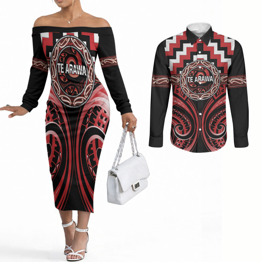 Aotearoa Te Arawa Personalised Couples Matching Off The Shoulder Long Sleeve Dress and Long Sleeve Button Shirt Maori Iwi Poutama Puhoro Tattoo LT14 Red - Polynesian Pride