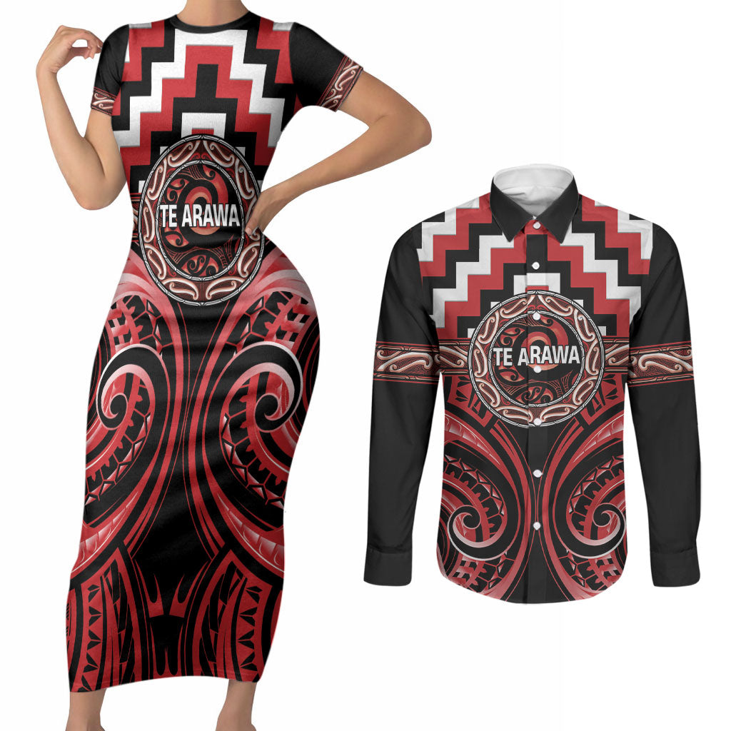 Aotearoa Te Arawa Personalised Couples Matching Short Sleeve Bodycon Dress and Long Sleeve Button Shirt Maori Iwi Poutama Puhoro Tattoo LT14 Red - Polynesian Pride