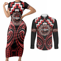 Aotearoa Te Arawa Personalised Couples Matching Short Sleeve Bodycon Dress and Long Sleeve Button Shirt Maori Iwi Poutama Puhoro Tattoo LT14 Red - Polynesian Pride