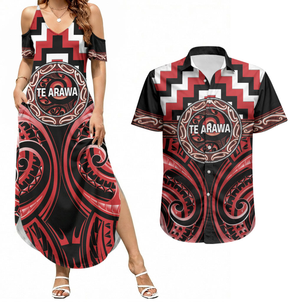 Aotearoa Te Arawa Personalised Couples Matching Summer Maxi Dress and Hawaiian Shirt Maori Iwi Poutama Puhoro Tattoo LT14 Red - Polynesian Pride