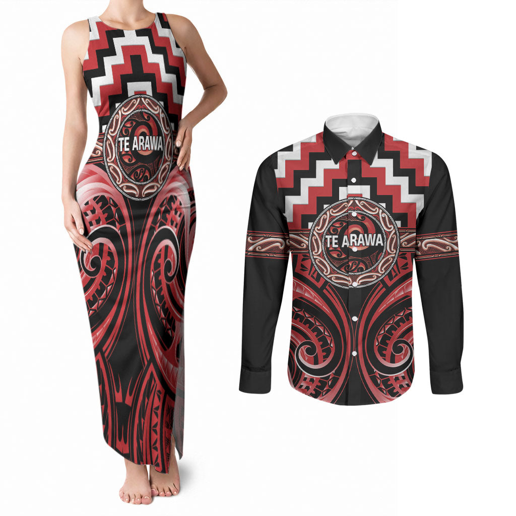 Aotearoa Te Arawa Personalised Couples Matching Tank Maxi Dress and Long Sleeve Button Shirt Maori Iwi Poutama Puhoro Tattoo LT14 Red - Polynesian Pride