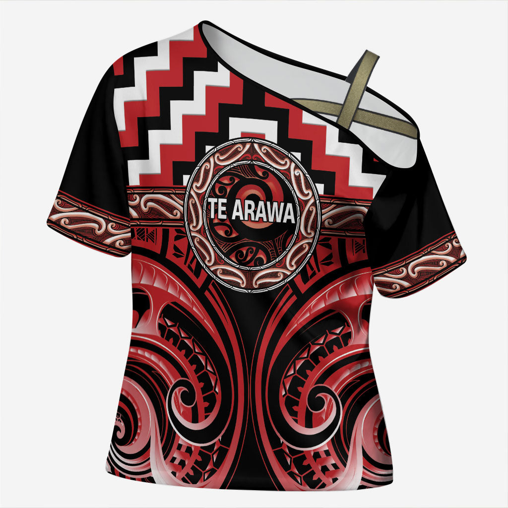 Aotearoa Te Arawa Personalised Cross Shoulder Shirt Maori Iwi Poutama Puhoro Tattoo LT14 Female Red - Polynesian Pride
