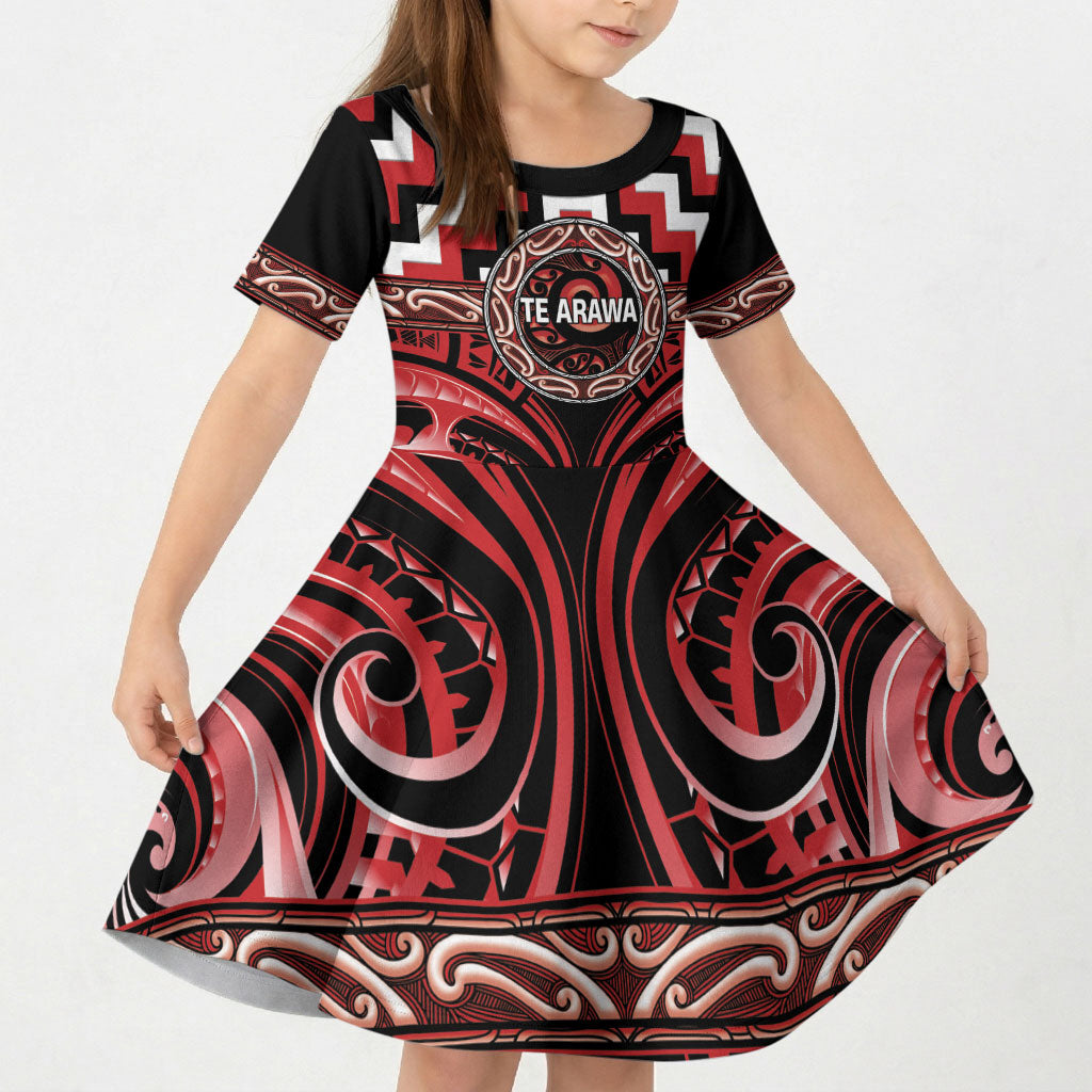 Aotearoa Te Arawa Personalised Kid Short Sleeve Dress Maori Iwi Poutama Puhoro Tattoo LT14 KID Red - Polynesian Pride