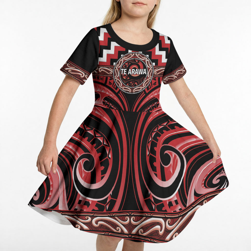 Aotearoa Te Arawa Personalised Kid Short Sleeve Dress Maori Iwi Poutama Puhoro Tattoo LT14 - Polynesian Pride