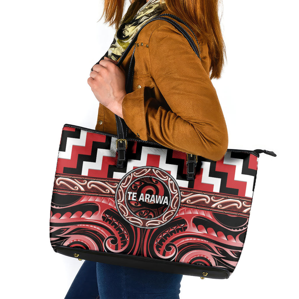 Aotearoa Te Arawa Leather Tote Bag Maori Iwi Poutama Puhoro Tattoo LT14 Red - Polynesian Pride