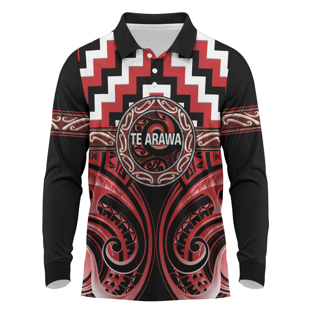 Aotearoa Te Arawa Personalised Long Sleeve Polo Shirt Maori Iwi Poutama Puhoro Tattoo LT14 Red - Polynesian Pride
