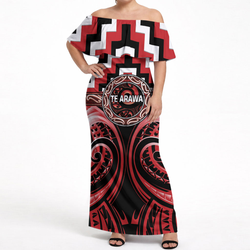 Aotearoa Te Arawa Personalised Off Shoulder Maxi Dress Maori Iwi Poutama Puhoro Tattoo LT14 Women Red - Polynesian Pride