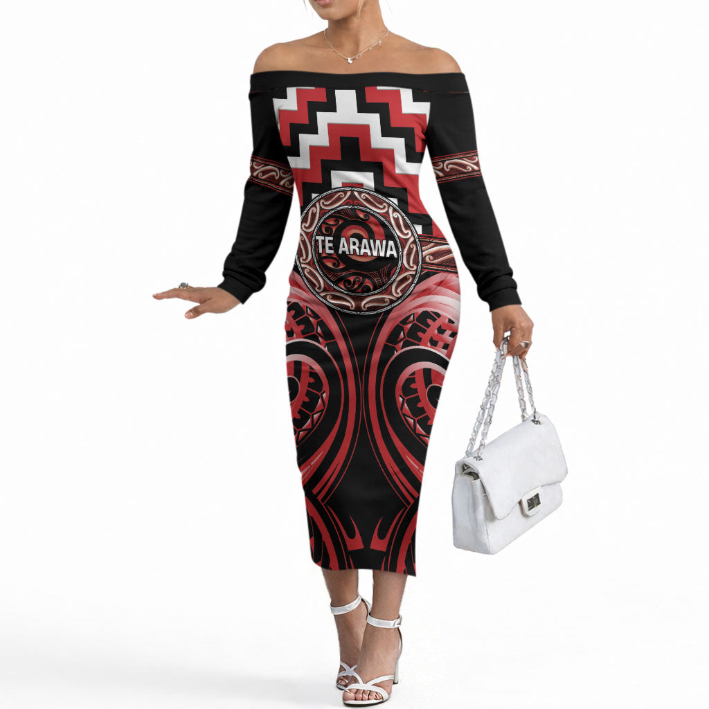 Aotearoa Te Arawa Personalised Off The Shoulder Long Sleeve Dress Maori Iwi Poutama Puhoro Tattoo LT14 Women Red - Polynesian Pride