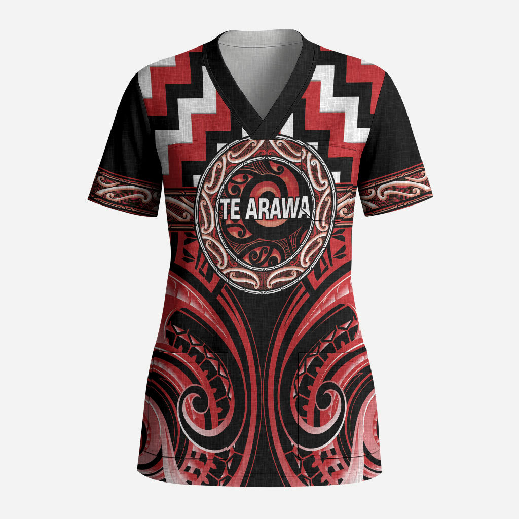 Aotearoa Te Arawa Personalised Scrub Top Maori Iwi Poutama Puhoro Tattoo LT14 Adult Red - Polynesian Pride