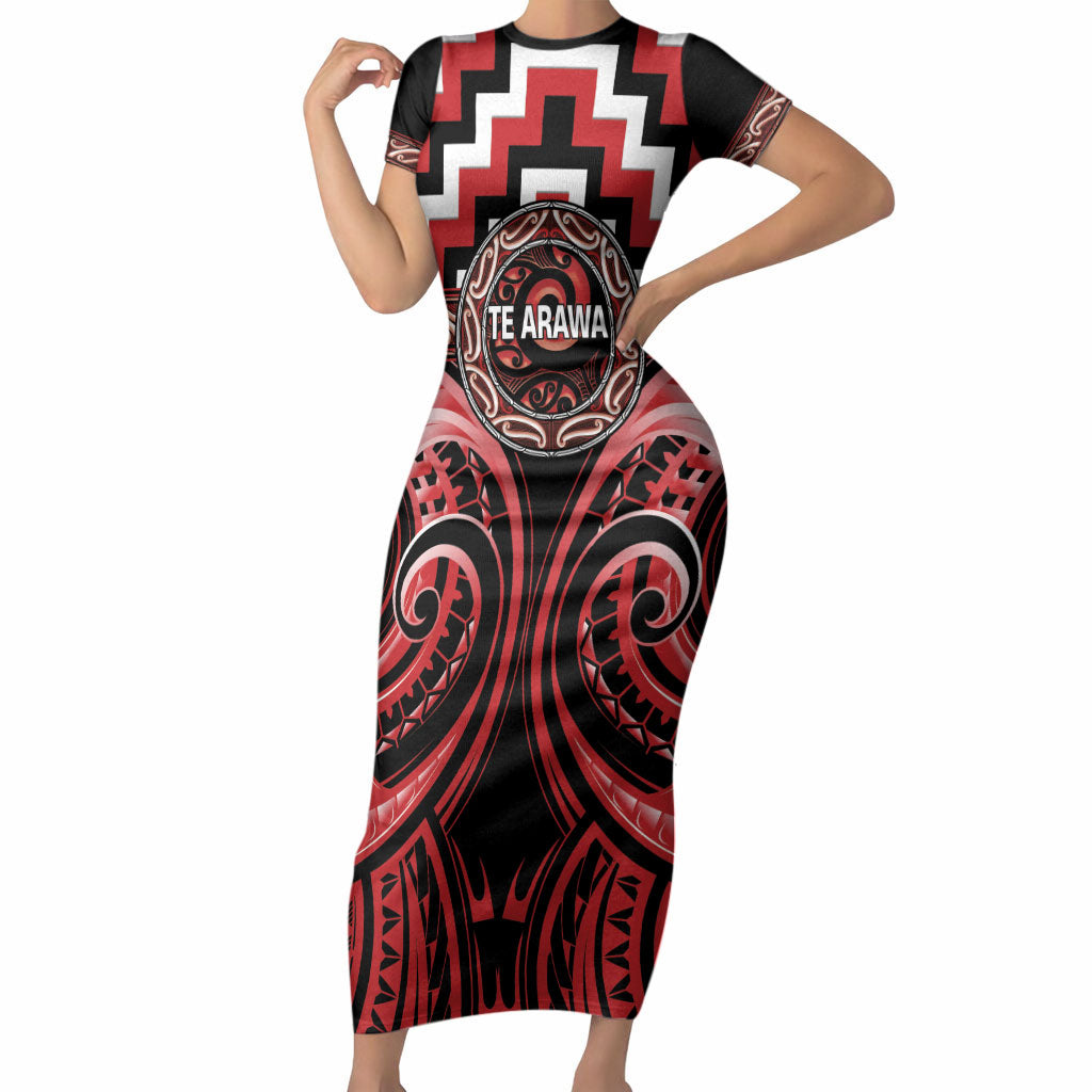 Aotearoa Te Arawa Personalised Short Sleeve Bodycon Dress Maori Iwi Poutama Puhoro Tattoo LT14 Long Dress Red - Polynesian Pride