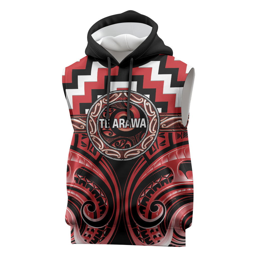 Aotearoa Te Arawa Personalised Sleeveless Hoodie Maori Iwi Poutama Puhoro Tattoo LT14 Red - Polynesian Pride