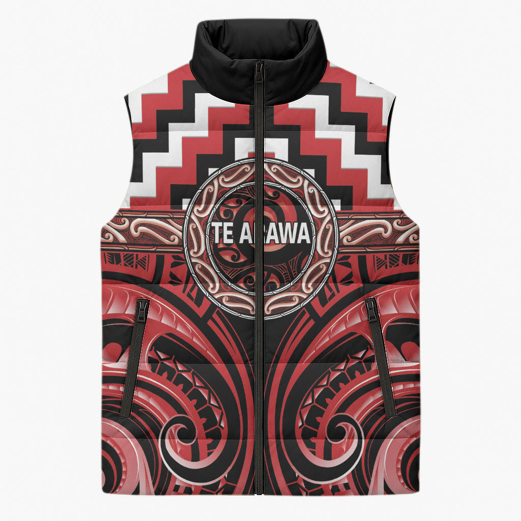 Aotearoa Te Arawa Personalised Sleeveless Puffer Jacket Maori Iwi Poutama Puhoro Tattoo LT14 Unisex Red - Polynesian Pride