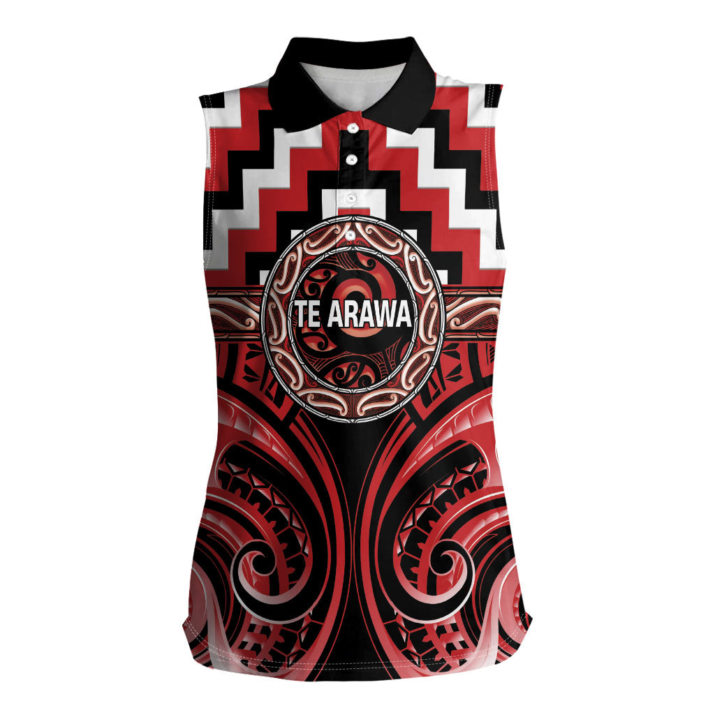 Aotearoa Te Arawa Personalised Women Sleeveless Polo Shirt Maori Iwi Poutama Puhoro Tattoo LT14 Female Red - Polynesian Pride