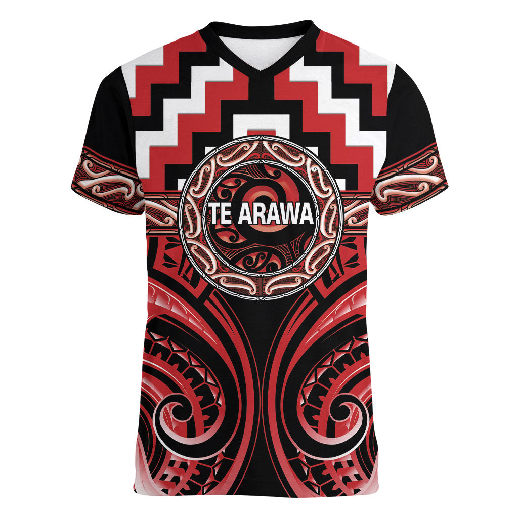 Aotearoa Te Arawa Personalised Women V-Neck T-Shirt Maori Iwi Poutama Puhoro Tattoo LT14 Female Red - Polynesian Pride