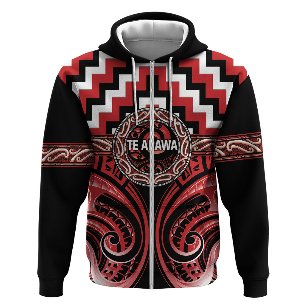 Aotearoa Te Arawa Personalised Zip Hoodie Maori Iwi Poutama Puhoro Tattoo LT14 Zip Hoodie Red - Polynesian Pride