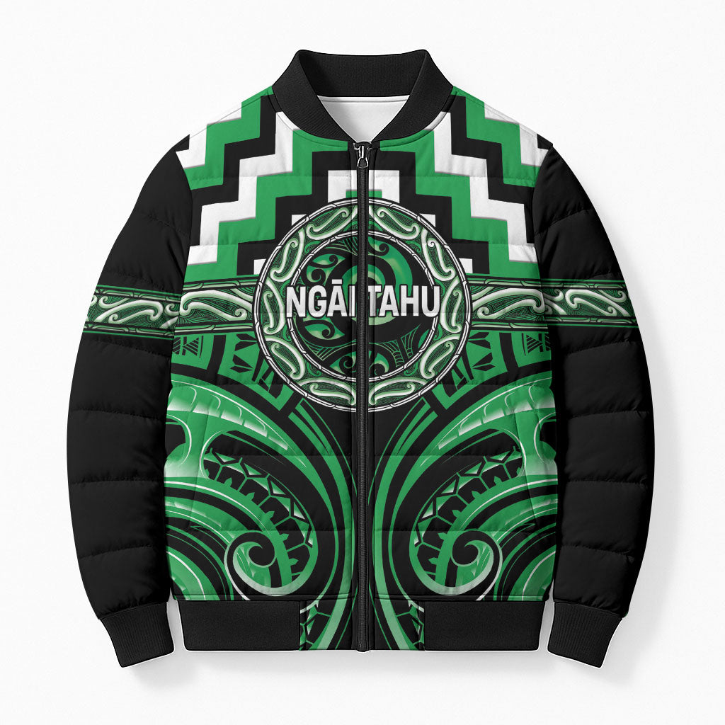 Aotearoa Ngai Tahu Personalised Bomber Puffer Jacket Maori Iwi Poutama Puhoro Tattoo LT14 Unisex Green - Polynesian Pride