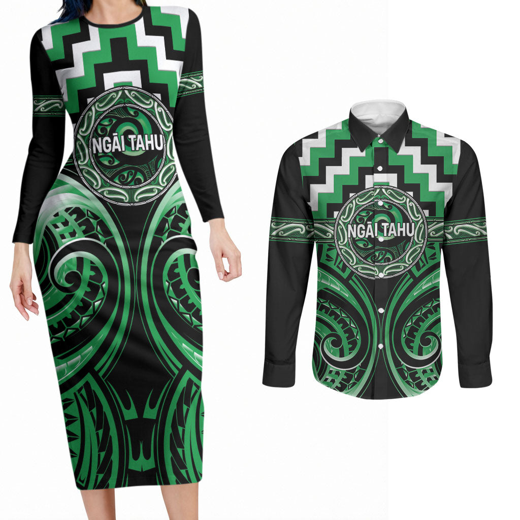 Aotearoa Ngai Tahu Personalised Couples Matching Long Sleeve Bodycon Dress and Long Sleeve Button Shirt Maori Iwi Poutama Puhoro Tattoo LT14 Green - Polynesian Pride