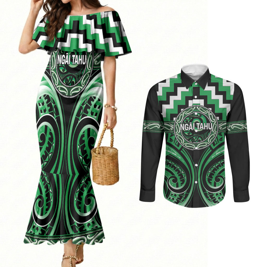 Aotearoa Ngai Tahu Personalised Couples Matching Mermaid Dress and Long Sleeve Button Shirt Maori Iwi Poutama Puhoro Tattoo LT14 Green - Polynesian Pride