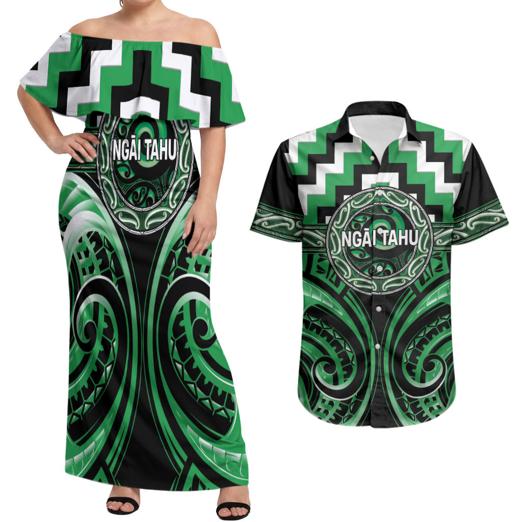 Aotearoa Ngai Tahu Personalised Couples Matching Off Shoulder Maxi Dress and Hawaiian Shirt Maori Iwi Poutama Puhoro Tattoo LT14 Green - Polynesian Pride