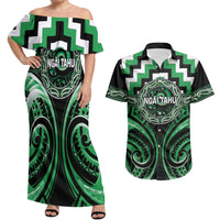 Aotearoa Ngai Tahu Personalised Couples Matching Off Shoulder Maxi Dress and Hawaiian Shirt Maori Iwi Poutama Puhoro Tattoo LT14 Green - Polynesian Pride