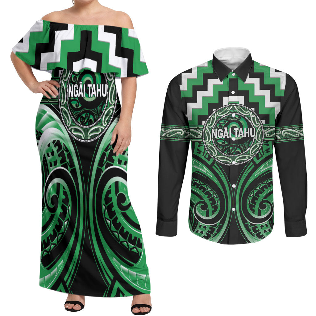 Aotearoa Ngai Tahu Personalised Couples Matching Off Shoulder Maxi Dress and Long Sleeve Button Shirt Maori Iwi Poutama Puhoro Tattoo LT14 Green - Polynesian Pride