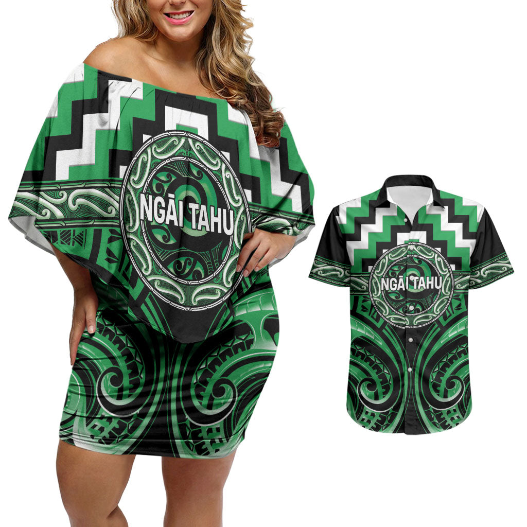 Aotearoa Ngai Tahu Personalised Couples Matching Off Shoulder Short Dress and Hawaiian Shirt Maori Iwi Poutama Puhoro Tattoo LT14 Green - Polynesian Pride