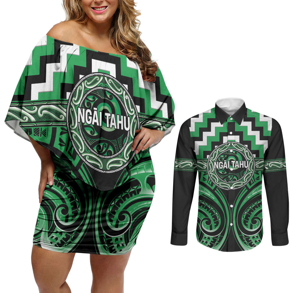 Aotearoa Ngai Tahu Personalised Couples Matching Off Shoulder Short Dress and Long Sleeve Button Shirt Maori Iwi Poutama Puhoro Tattoo LT14 Green - Polynesian Pride