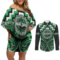 Aotearoa Ngai Tahu Personalised Couples Matching Off Shoulder Short Dress and Long Sleeve Button Shirt Maori Iwi Poutama Puhoro Tattoo LT14 Green - Polynesian Pride
