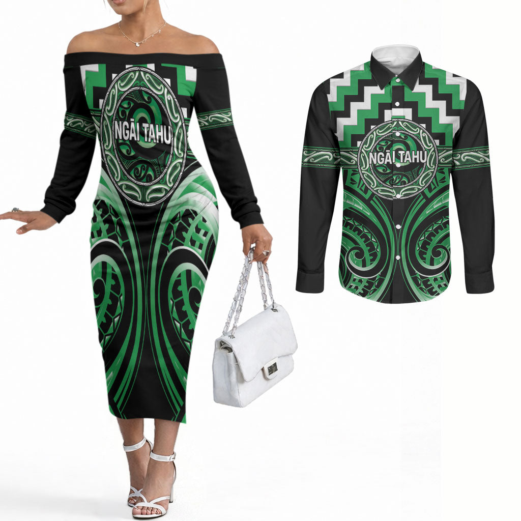 Aotearoa Ngai Tahu Personalised Couples Matching Off The Shoulder Long Sleeve Dress and Long Sleeve Button Shirt Maori Iwi Poutama Puhoro Tattoo LT14 Green - Polynesian Pride