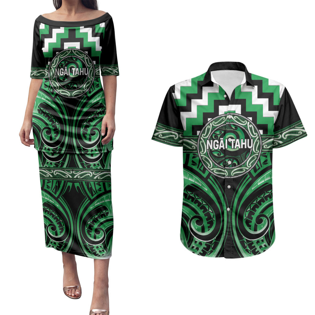 Aotearoa Ngai Tahu Personalised Couples Matching Puletasi and Hawaiian Shirt Maori Iwi Poutama Puhoro Tattoo LT14 Green - Polynesian Pride