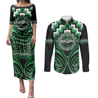 Aotearoa Ngai Tahu Personalised Couples Matching Puletasi and Long Sleeve Button Shirt Maori Iwi Poutama Puhoro Tattoo LT14 Green - Polynesian Pride