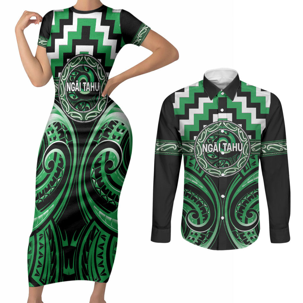 Aotearoa Ngai Tahu Personalised Couples Matching Short Sleeve Bodycon Dress and Long Sleeve Button Shirt Maori Iwi Poutama Puhoro Tattoo LT14 Green - Polynesian Pride