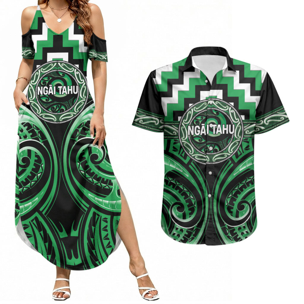 Aotearoa Ngai Tahu Personalised Couples Matching Summer Maxi Dress and Hawaiian Shirt Maori Iwi Poutama Puhoro Tattoo LT14 Green - Polynesian Pride