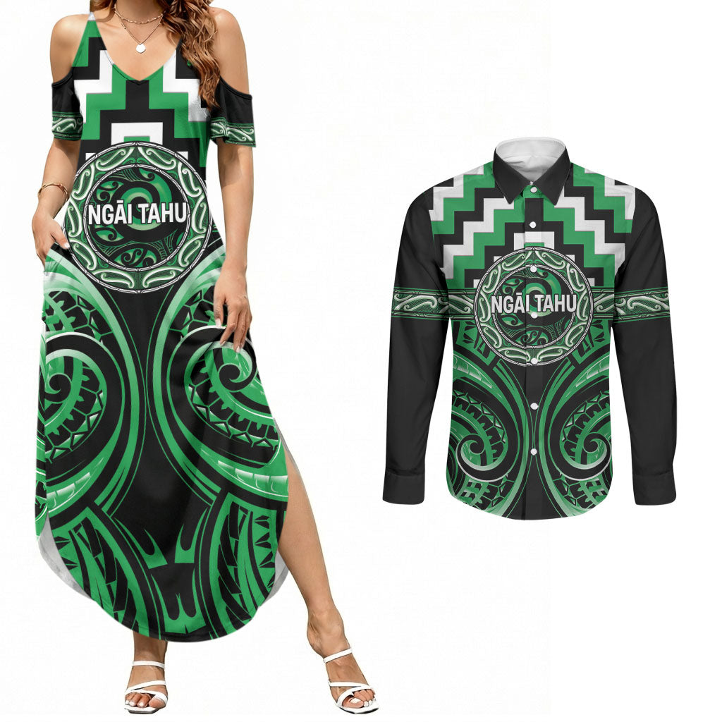 Aotearoa Ngai Tahu Personalised Couples Matching Summer Maxi Dress and Long Sleeve Button Shirt Maori Iwi Poutama Puhoro Tattoo LT14 Green - Polynesian Pride