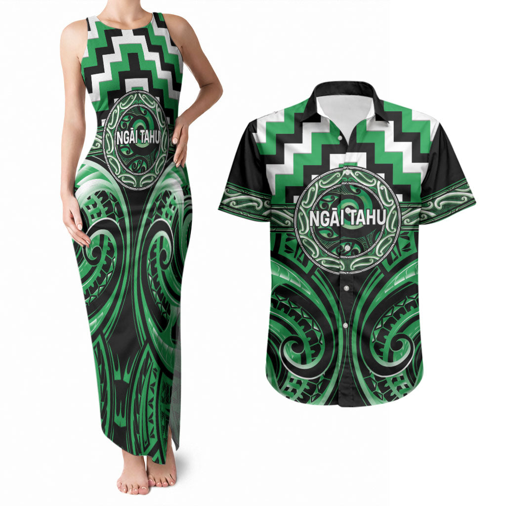 Aotearoa Ngai Tahu Personalised Couples Matching Tank Maxi Dress and Hawaiian Shirt Maori Iwi Poutama Puhoro Tattoo LT14 Green - Polynesian Pride