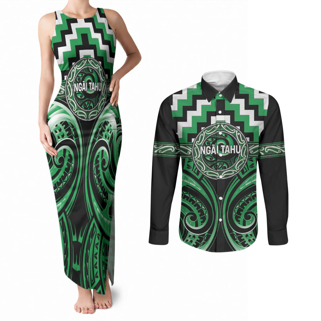 Aotearoa Ngai Tahu Personalised Couples Matching Tank Maxi Dress and Long Sleeve Button Shirt Maori Iwi Poutama Puhoro Tattoo LT14 Green - Polynesian Pride