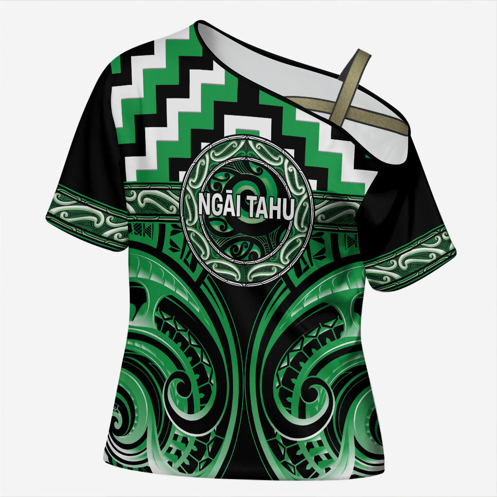 Aotearoa Ngai Tahu Personalised Cross Shoulder Shirt Maori Iwi Poutama Puhoro Tattoo LT14 Female Green - Polynesian Pride