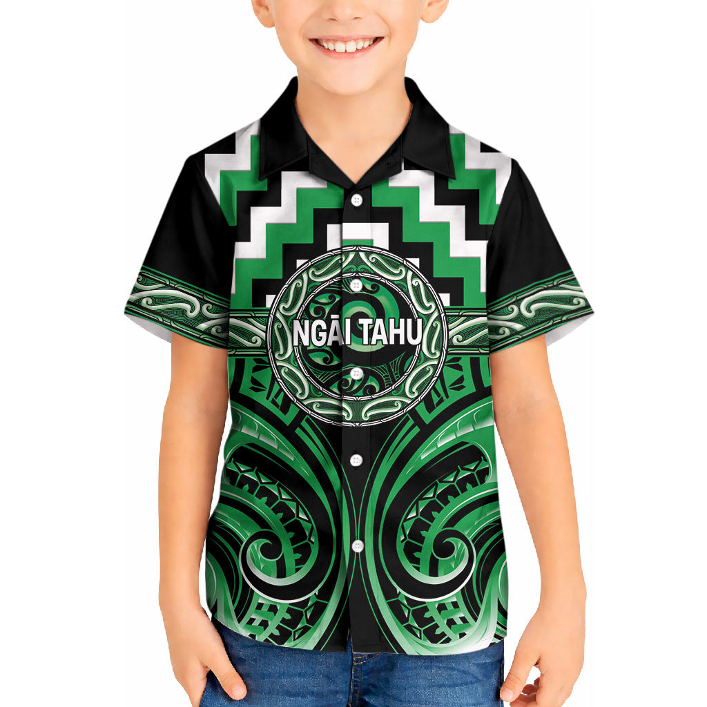 Aotearoa Ngai Tahu Personalised Kid Hawaiian Shirt Maori Iwi Poutama Puhoro Tattoo LT14 Kid Green - Polynesian Pride