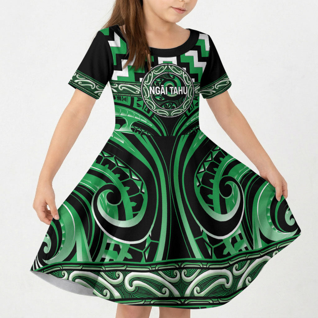 Aotearoa Ngai Tahu Personalised Kid Short Sleeve Dress Maori Iwi Poutama Puhoro Tattoo LT14 KID Green - Polynesian Pride