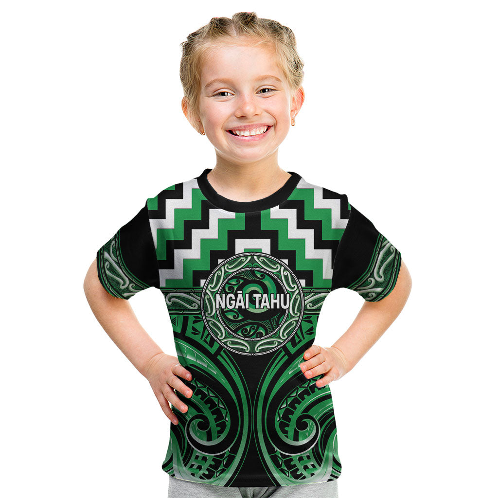 Aotearoa Ngai Tahu Personalised Kid T Shirt Maori Iwi Poutama Puhoro Tattoo LT14 Green - Polynesian Pride