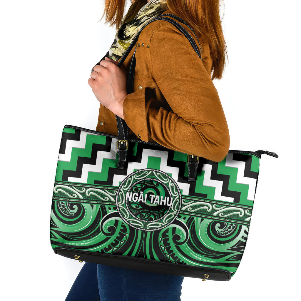 Aotearoa Ngai Tahu Leather Tote Bag Maori Iwi Poutama Puhoro Tattoo LT14 Green - Polynesian Pride