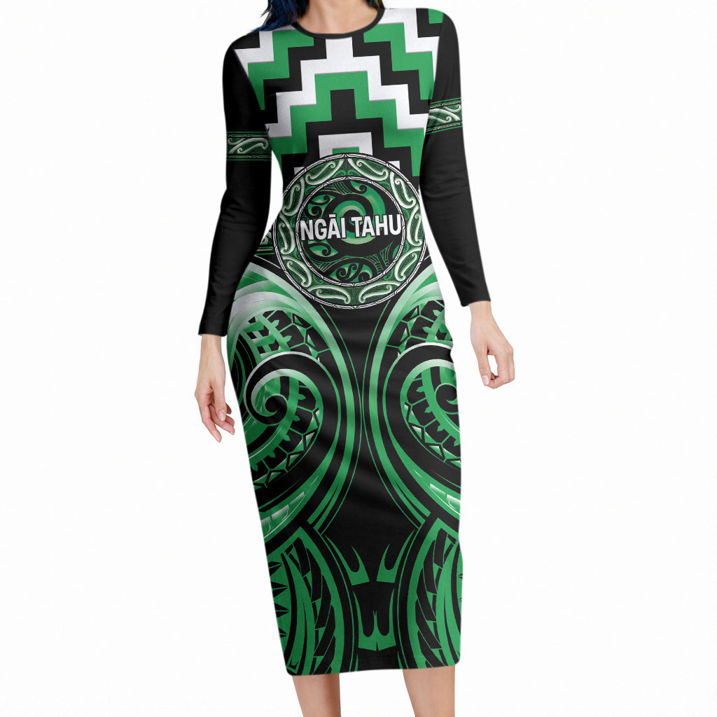 Aotearoa Ngai Tahu Personalised Long Sleeve Bodycon Dress Maori Iwi Poutama Puhoro Tattoo LT14 Long Dress Green - Polynesian Pride