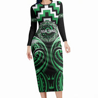 Aotearoa Ngai Tahu Personalised Long Sleeve Bodycon Dress Maori Iwi Poutama Puhoro Tattoo LT14 Long Dress Green - Polynesian Pride