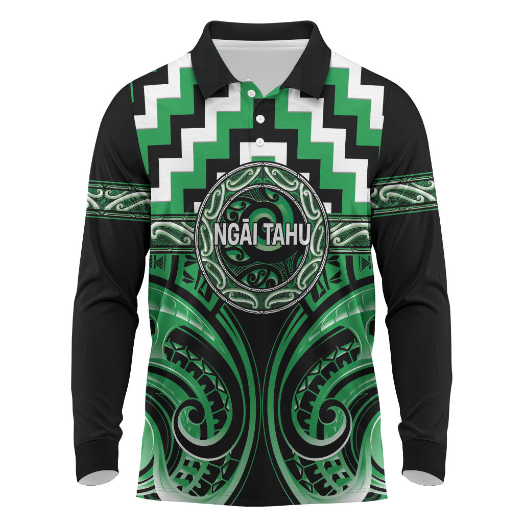 Aotearoa Ngai Tahu Personalised Long Sleeve Polo Shirt Maori Iwi Poutama Puhoro Tattoo LT14 Green - Polynesian Pride