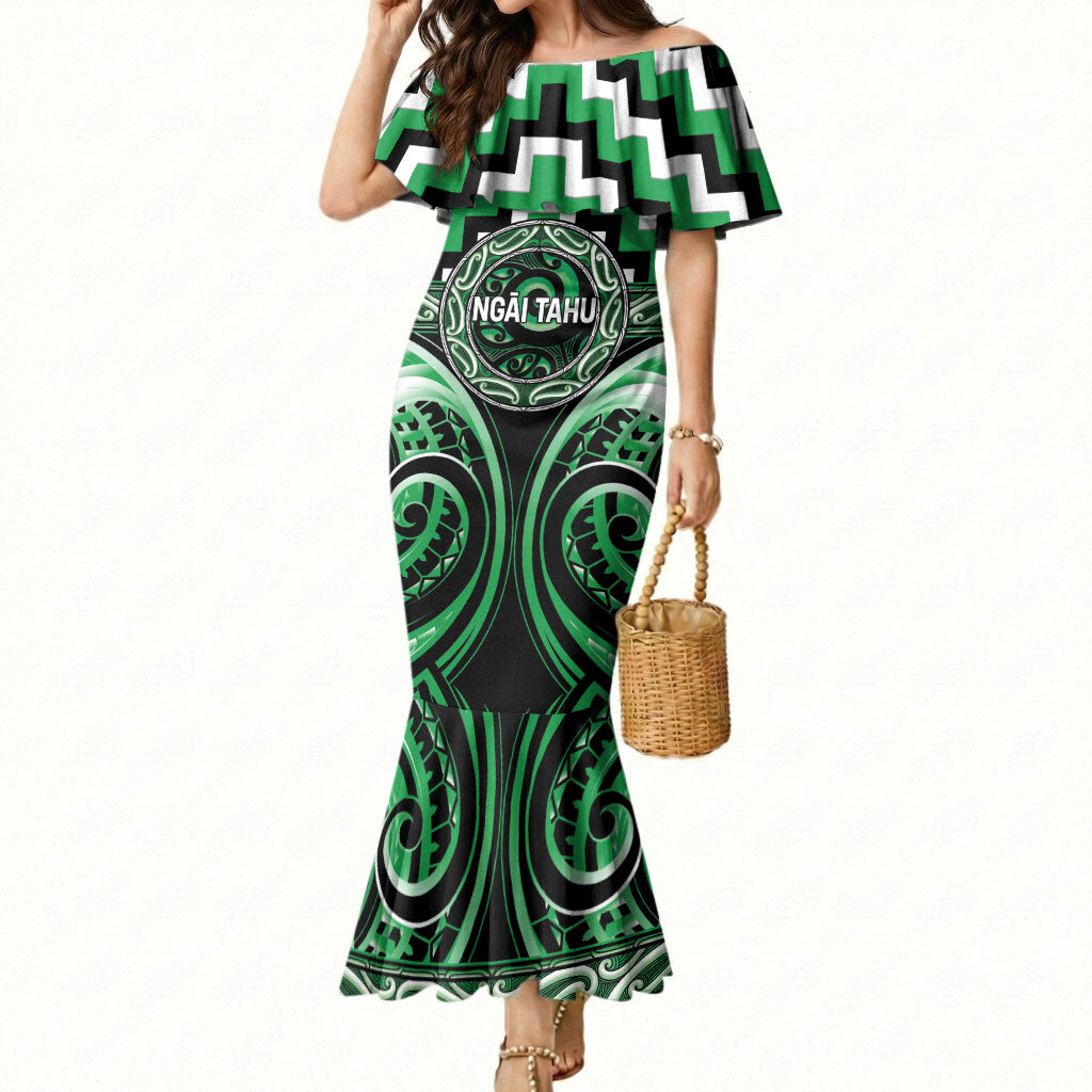 Aotearoa Ngai Tahu Personalised Mermaid Dress Maori Iwi Poutama Puhoro Tattoo LT14 Women Green - Polynesian Pride