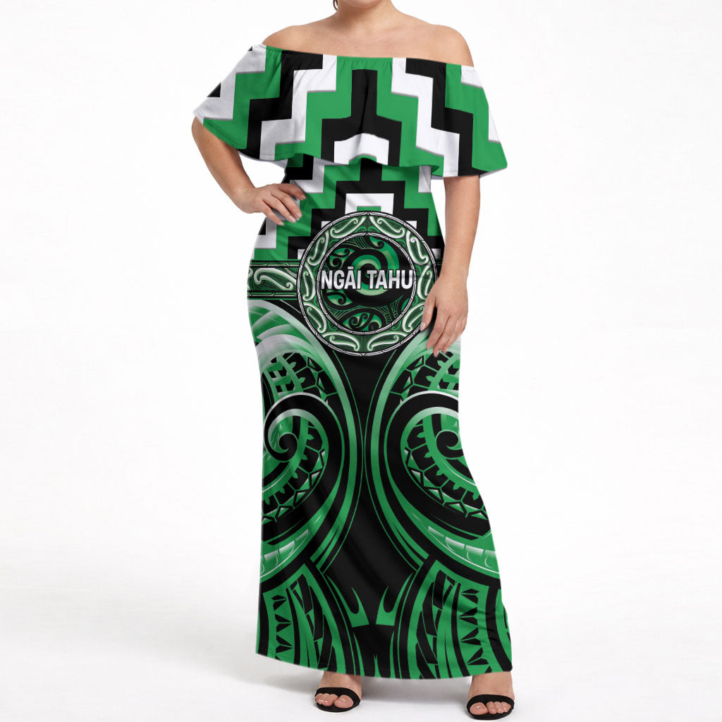 Aotearoa Ngai Tahu Personalised Off Shoulder Maxi Dress Maori Iwi Poutama Puhoro Tattoo LT14 Women Green - Polynesian Pride