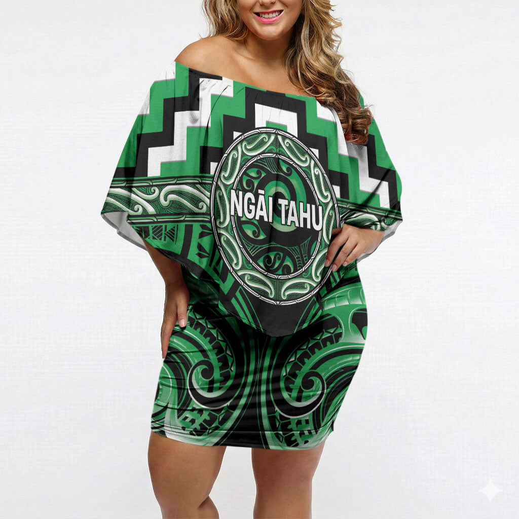 Aotearoa Ngai Tahu Personalised Off Shoulder Short Dress Maori Iwi Poutama Puhoro Tattoo LT14 Women Green - Polynesian Pride