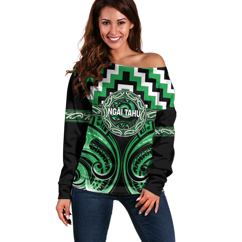 Aotearoa Ngai Tahu Personalised Off Shoulder Sweater Maori Iwi Poutama Puhoro Tattoo LT14 Women Green - Polynesian Pride