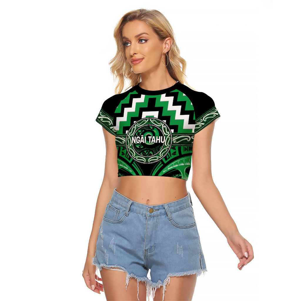 Aotearoa Ngai Tahu Personalised Raglan Cropped T Shirt Maori Iwi Poutama Puhoro Tattoo LT14 Female Green - Polynesian Pride