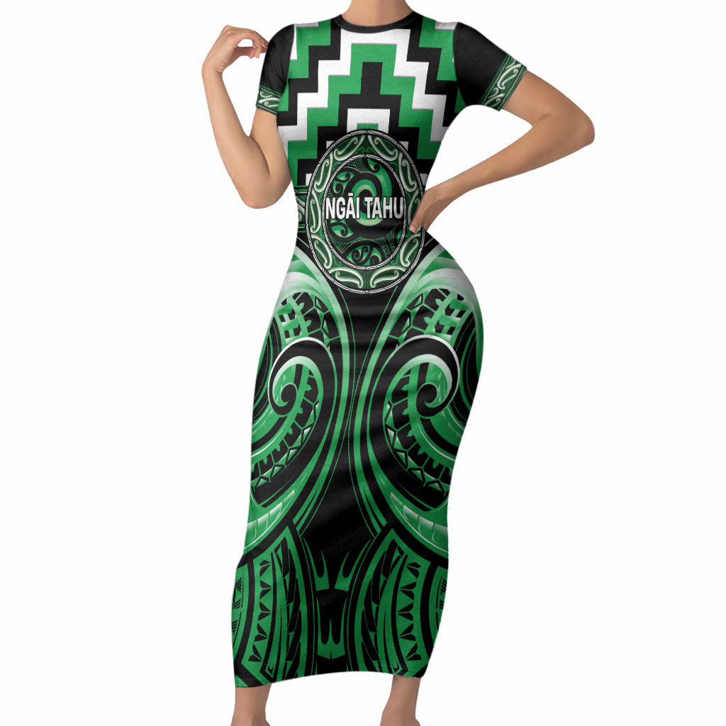 Aotearoa Ngai Tahu Personalised Short Sleeve Bodycon Dress Maori Iwi Poutama Puhoro Tattoo LT14 Long Dress Green - Polynesian Pride